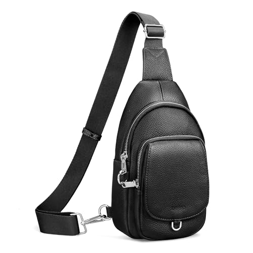 befen Anti Theft Genuine Leather Sling Bag for Women Black Leather Crossbody Fanny Packs with RFID Blocking Card Slots Soft Chest Bag with Adjuatable Strap Ladies Crossbody Purse for Travel