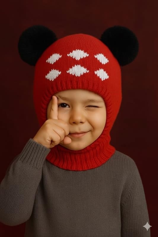 NCRF MART™ Kids Winter Knitted Balaclava Hat with Pom Poms | Warm Woolen Ski Mask for Boys & Girls (Red,18-24M Years) 1