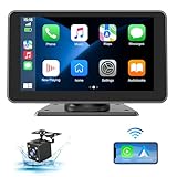 HAUXIY Wireless Apple Carplay Screen for Car, 7' HD Touchscreen with Portable Apple Carplay & Android Auto Car Stereo with Backup Camera, GPS Navigation/Mirror Link/Voice Control/Bluetooth