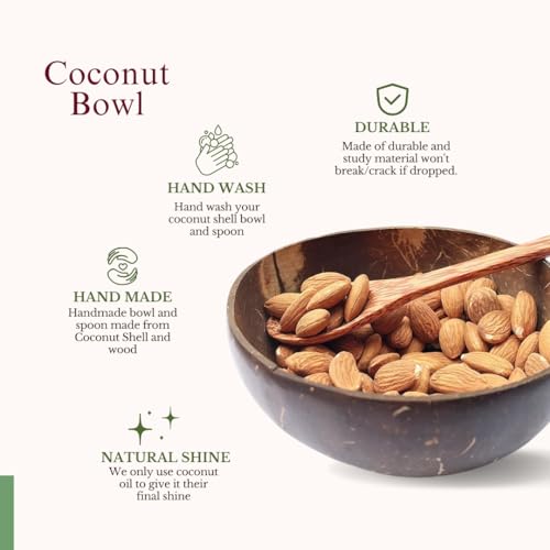 Image of Thenga Coconut Shell Bowl + Spoon Set | 500 ML Eco-Friendly Handmade Natural Bowls for Smoothies, Cereals, Salads & Snacks | Toxin-Free Tableware - Pack of 2 with Wooden Spoons