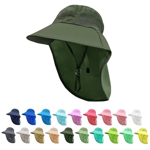 Image of Rosoz Kids Sun Hat with Neck Flap UV Protection Summer Toddler Beach Hat Unisex Ponytail Hat Wide Brim Fishing Hat