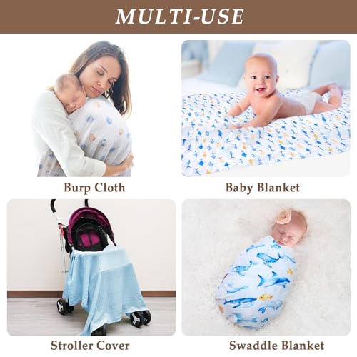 Image of david's kids 4 Pack Baby Muslin Swaddle Blankets, 100% Cotton and Ultra Soft Breathable Receiving Blanket Wrap for Boys Girls, New Born Essentials, Large 47 x 47 inches, Whale