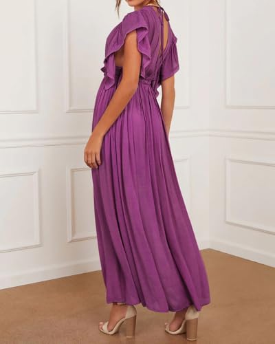 Image of R.Vivimos Maxi Dresses for Women 2026 Summer Short Sleeve V Neck Drawstring Tie Boho Loose Flowy Long Dresses with Pockets