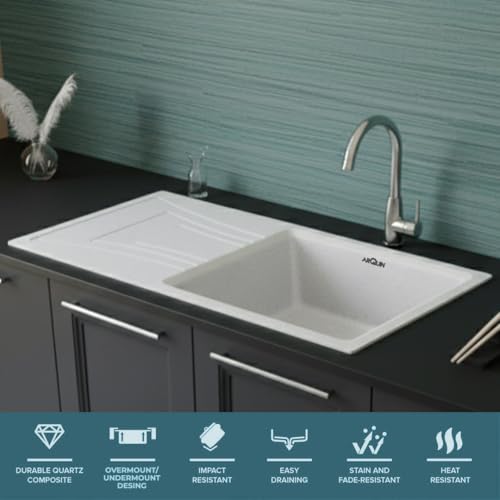Image of ARQUIN Quartz Kitchen Sink with Drainboard 36x18x9 Inch Sand Pluto Granite sink for kitchen basin,UV Protected, Undermount /Topmount Noise Reducing