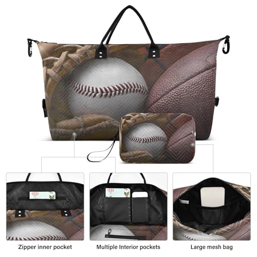 Baseball Glove Football Basketball Large Travel Duffle Bag Weekender Overnight Bags Gym Yoga Bag for Women Men with Toiletry Bag2