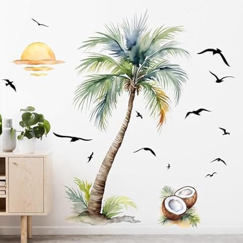 Supzone Palm Tree Wall Decals Tropical Plant Sunset Beach Wall Stickers Peel and Stick Wall Art Decor for Living Room Bedroom Office Wall Decor (Tree H: 48 inches/122 cm) Cover