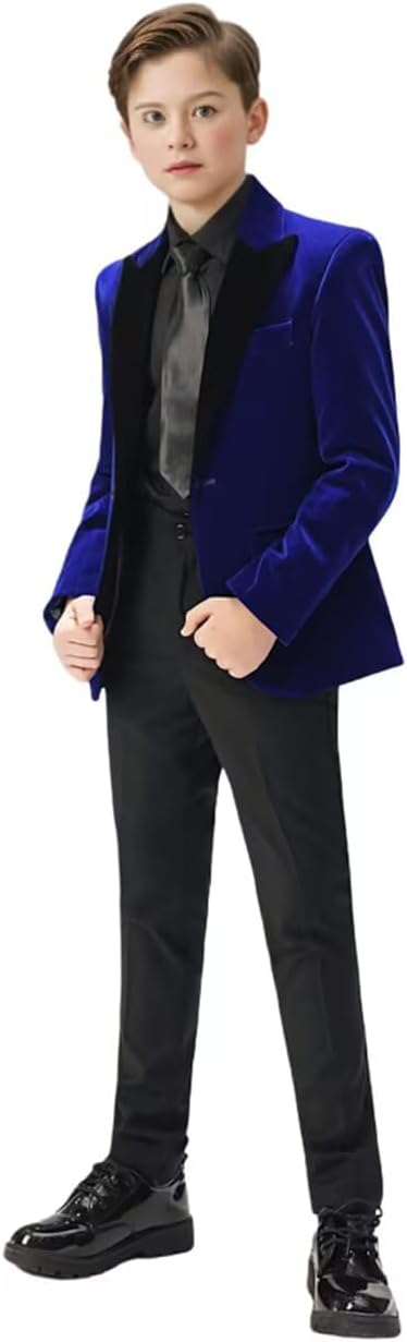 Boys Teen Blue Velvet Tuxedo 4-Piece Set with Shirt Jacket Pants Bowtie Formal Homecoming Graduation Casual