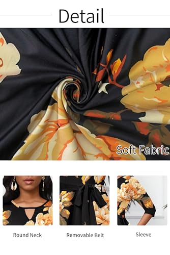 Image of CLOCOR Midi Dresses for Women Casual A-Line Fit and Flare Dress Crewneck 3 /4 Sleeve Keyhole Cocktail Party Church Dress