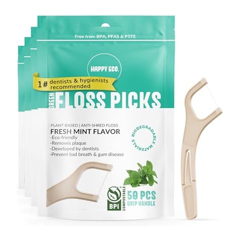 Biodegradable Floss Picks (200pcs) - Natural Dental Floss - Nontoxic Plant Based Floss Sticks for Adults & Kids - Vegan Tooth Pick Flossers - Single Thread Mint Cover