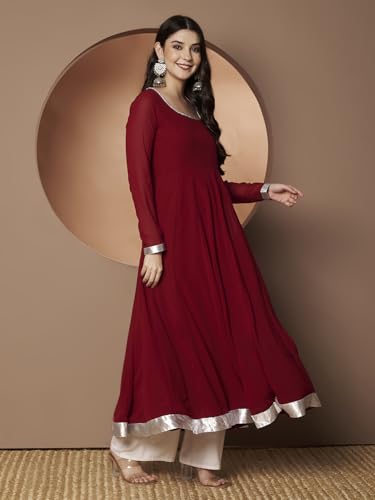 Image of KZA Women's Georgette Hand Embroidered Flared Anarkali Suit for Women | Full Sleeves Flare Anarkali Dress for Woman | Ethnic Flared Anarkali Kurta for Women