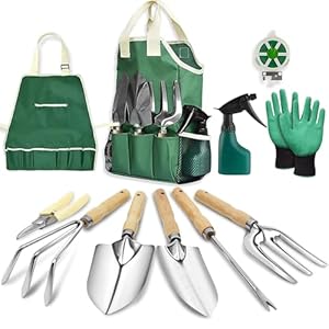 JNUYISW Gartenwerkzeug Set, 11 Stück Edelstahl Gartengeräte Set mit Non-Slip Holzgriff Garten Werkzeug Geschenke Kit mit Aufbewahrungstasche Gartenarbeit Kit Gartengeschenke für Frauen Männer