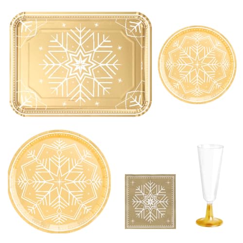 MAXI PRODUCTS - Kit 12 Personas - Decoración Navidad Winter Oro - Pack 68 uds - Temática Navideña - Vajillas Completas Navidad - Diseño Único