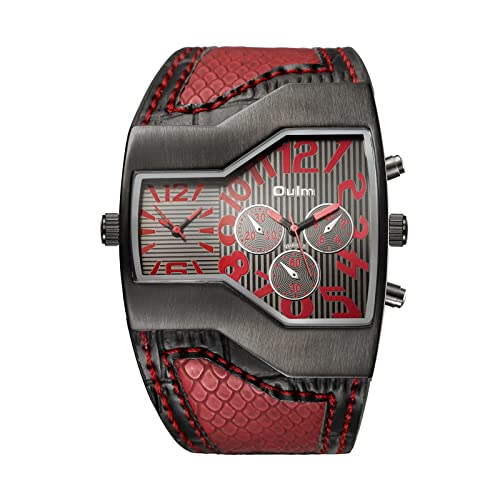 JewelryWe Herrenuhren Analog Quarz Zwei Zeitzonen Armbanduhr Rot Breit Leder Armband Sportuhr Männer Uhren mit Digital Zifferblatt Geschenk