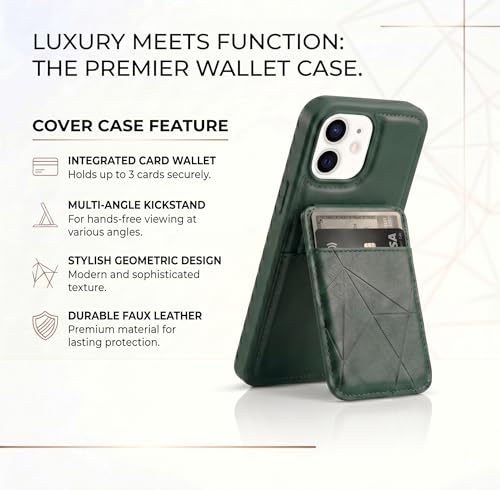 Image of amazon basics Premium Vegan Leather Back Cover with Card Holder and Integrated Mobile Stand for iPhone 12 - Slim Shockproof Wallet Case with Geometric Stitching [Green]