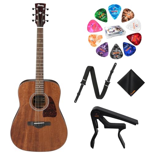 Ibanez AW54 Artwood Series 6 String Dreadnought Acoustic Guitar (Open Pore Natural) with GSF50 Powerpad Strap, String Capo, 15 Pack Guitar Picks, Organizer Storage Box, and Cleaning Cloth - Bundle Kit