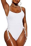 Pink Queen Womens Sexy One Piece Swimsuit High Leg Ruched Tummy Control Cheeky Bathing Suit Monokini White XL