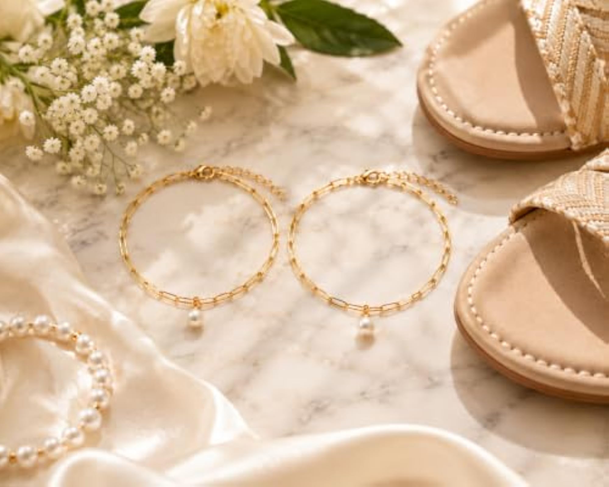 Women's Adjustable White Pearl Anklet, Elegant Beaded Bracelet