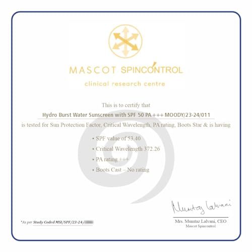 Moody 7D Hydro Burst Water Lightweight Non Greasy Sunscreen | Sweat proof, No White Caste | UV & Blue Light Protection Broad Spectrum SPF50 PA +++| Dewy Finish | Men & Women | Paraben Free,50 ml