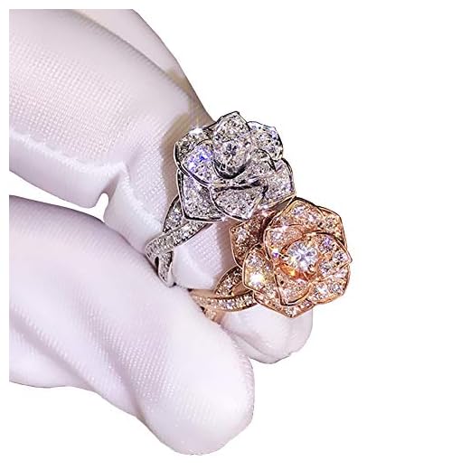 JESMING 3D Rose Ring CZ Simulated Diamond Ring Rose Gold Ring Rose Flower Ring for Women (Silver,6)