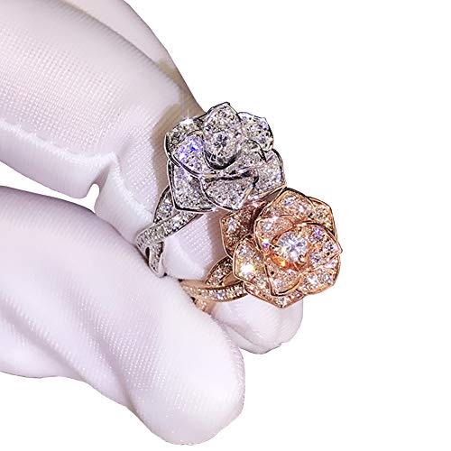 JESMING 3D Rose Ring CZ Simulated Diamond Ring Rose Gold Ring Rose Flower Ring for Women (Rose Gold,7)