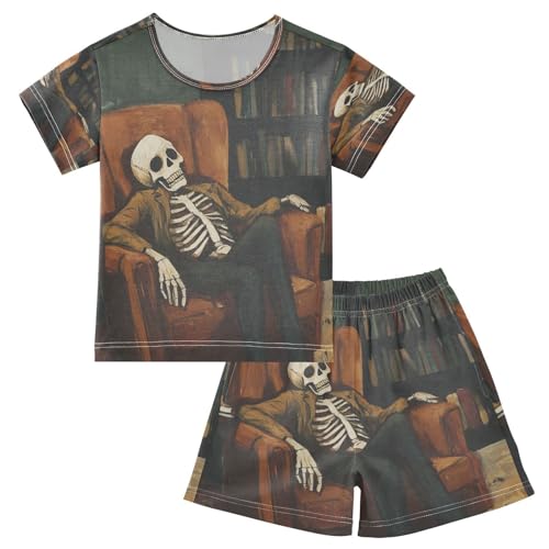 ALAZA Sugar Skull Bookworm Book Pajamas Set Short Sleeve Cotton Sleepwear Summer Pjs 2 Piece 5-14Y