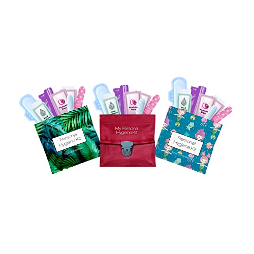 3 x Menstrual All-in-One Kits - Assorted Colors | Convenience on The Go | Single Period Kit Packs | Individually Wrapped Feminine Hygiene Products (Green Ferns/Red Purse/Under The Sea)
