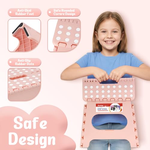 Image of ACSTEP Folding Step Stool 11 Inch, Sturdy Plastic Foldable Step Stool for Kids & Adults, Non Slip Lightweight Collapsible Foot Stools Holds 300 lbs, Ideal for Kitchen, Bathroom, Bedroom, Light Pink