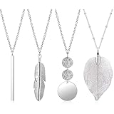 Xamoca 4 PCS Long Silver Necklaces for Women - Fashion Pendant Jewelry Collection with Bar, Feather, Circle Leaf,and Tassel Y Designs,Trendy Statement Necklaces