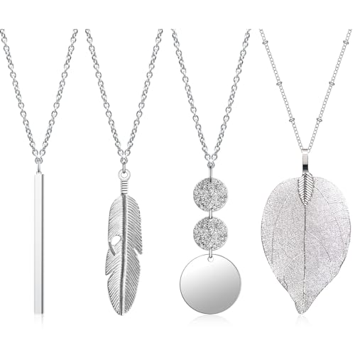 Xamoca 4 PCS Long Silver Necklaces for Women - Fashion Pendant Jewelry Collection with Bar, Feather, Circle Leaf,and Tassel Y Designs,Trendy Statement Necklaces