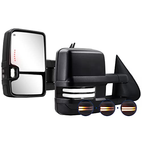 Switchback Towing Mirror for Silverado Sierra - Compatible with 2003-2007 Chevy Silverado GMC Sierra Tow Mirrors with Power Adjusted Heated Glass Running Light&Turn Signal Light Backup Lamp Black