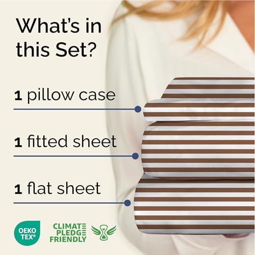 Image of Twin XL 3 Piece Striped Sheet Set - Breathable & Cooling - Brown Stripe