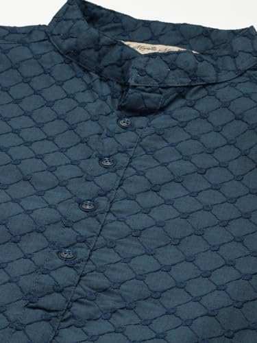 Image of Majestic Man Men's Cotton Blend Regular Fit Casual Polyester Mandarin Collar Ethnic Motifs Embroidered Long Regular Kurta