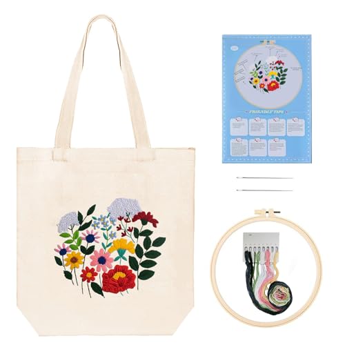 Image of Huacan Embroidery Canvas Bag Kits for Adults Beginner Stamped Flowers Pattern DIY Cross Stitch Printed Flower Stitching Sewing Kit