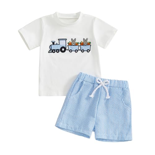 Image of Toddler Baby Boy Easter Rabbit Outfit Short Sleeve Bunny Carrot Smocked T-shirt Elastic Waist Shorts Summer Clothes