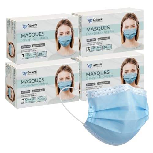 general merchandising Masques Chirurgicaux Jetables Type IIR – 200 Pièces | Masques 3 Couches BFE 98% Certifiés CE | Conformes EN 14683:2019 Dispositif Médical Classe I embout nasal ajustable