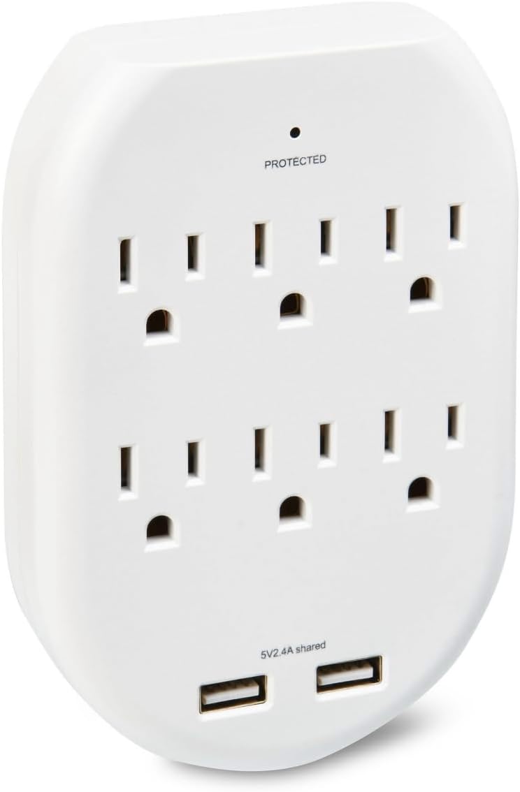 Onn. Surge Protector Wall Tap with 6 AC Outlets and 2 USB Ports - White