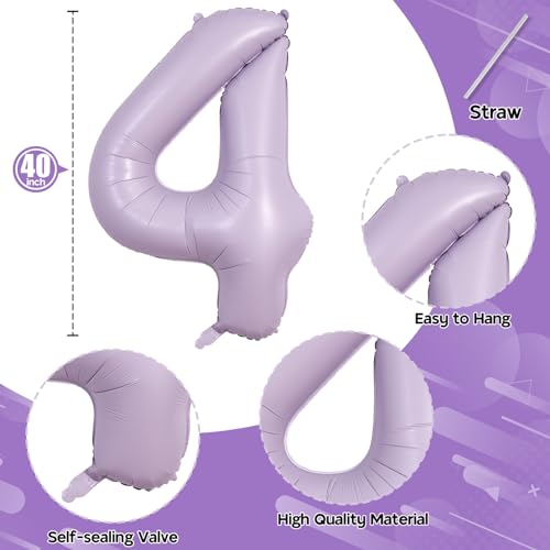 Image of Light Purple Number 4 Balloons, 40 In Large Pastel Purple Number 4 Mylar Foil Helium Balloons for Girls, Self Inflating Lavender Number Four Balloon for Women 4th Birthday Anniversary Party Decoration