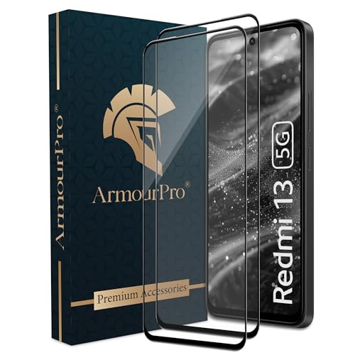 Image of ArmourPro Military Grade Gorilla Tempered Glass Compatible For Redmi 13, Redmi 12 and Poco M6 Pro (6.79 Inch) With Easy Installation Kit for Smartphone| Edge To Edge Coverage | Black, Pack of 2