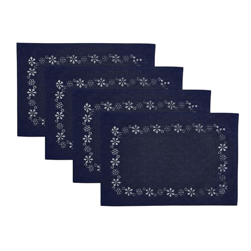 Elrene Home Fashions Snowflake Laser Cut Holiday Fabric Dining Placemats, Set of 4, 13"x19", Snowflake Blue