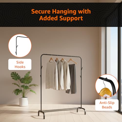 Image of Amazon Basics Metal Clothes Rack Stand with Bottom Storage Shoe Shelf & Side Hooks Hanger for Bedroom & Hallway, Portable Wardrobe Organizer 112L x 40B x 148H cm (SINGLE ROD, BLACK)