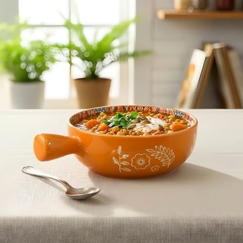 Amazon Basics Mandala Ceramic Snack Bowl with Handle (600 ml) - Microwave & Dishwasher Safe Serving Bowl - Ideal for Soup, Curries, Salad & Noodles (Yellow)