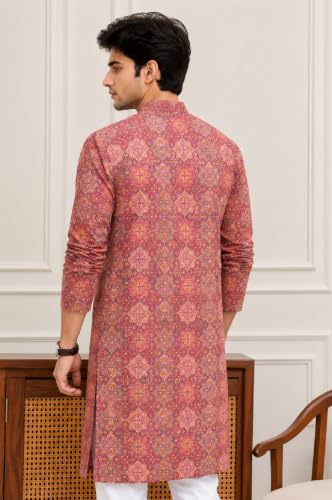Image of FOXDX Men's Cotton Kurta, Ethnic Printed Kurta for Perfect Ethnic Look, Stand Collar Long Sleeve Casual Printed Regular Long Kurta