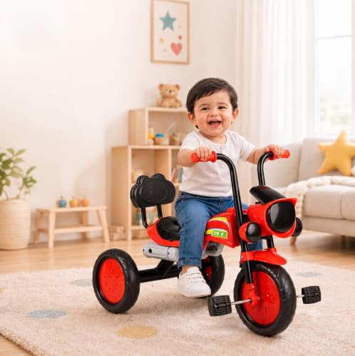 Image of GXR Tricycle for Kids 2 to 5 Years | Baby Cycle 2 to 5 Years | Baby Tricycle & 3 Wheeler Cycle for Kids with LED Headlight, Rhyme Music, EVA Wheels, Backrest & Steel Frame (Red)
