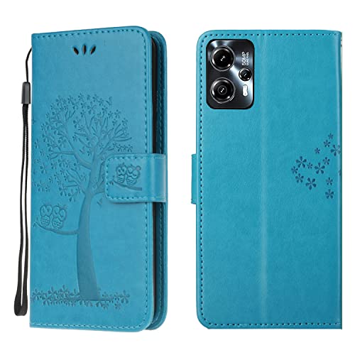 Motorola G13/G23/G53 Case Leather Wallet Flip Folio Magnetic Clasp Stand View Bookstyle Cases for Moto G13/G23/G53 Phone Case Cover Shockproof Cute Owl & Tree Pattern, Blue