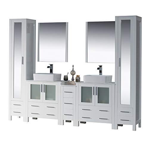 Blossom 102" Grand Master Suite Double Vessel Sink Bathroom Vanity Set - Premium Solid Wood - Includes 2 Linen Towers, Side Cabinet, 2 Mirrors & Soft-Close Storage - Glossy White Estate Sized Cabinet