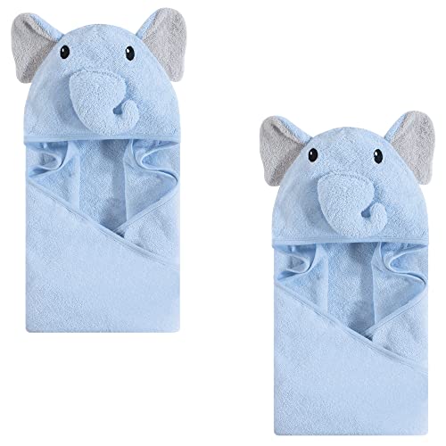 Image of Hudson Baby Unisex Baby Cotton Animal Face Hooded Towel, Light Blue Elephant 2-Piece, One Size