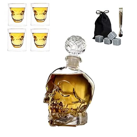 Skull Whiskey Decanter Set WEIRUIFANZHI 1 Glass Skull Skeleton Wine Bottle 25OZ & 4 Skull Glasses 2.5OZ & 4 Granite Whiskey Ice Wine Stones & 1 Ice Clip for Brandy,Vodka,Gifts,Bar and Party Decoration