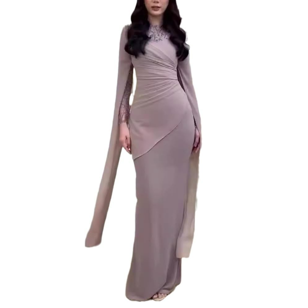 Robe longue asymétrique à manches longues en dentelle premium pour cérémonie