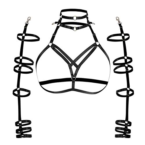 Femmes Punk Hauts Harnais Soutien-Gorge Cage Corps Bandage épaule Bras Ceinture élastique à Bretelles évider Cadre sans Cuissard EDC Rave (Noir) Cover