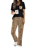 Ekouaer Pajama Sets for Women 2 Piece Short Sleeve Pj Sets With Long Printed Pants Sleepwear Casual Lounge Sets Leopard Brown L